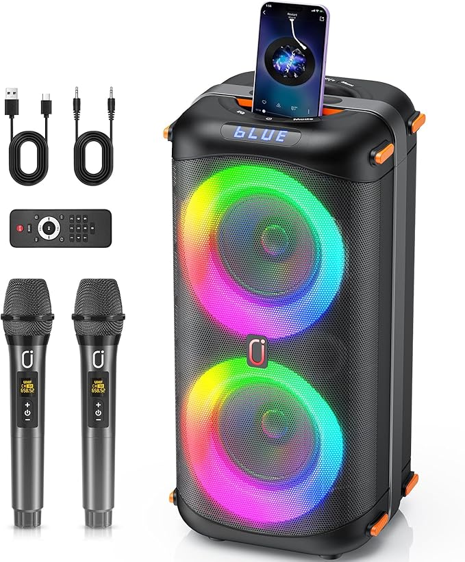 Karaoke Machine with 2 Wireless Microphones, Portable Bluetooth 5.3 Karaoke Speaker for Home Party Outdoors, PA System for Adults with Echo Adjustment/LED Lights, Support TV/USB/AUX/TF