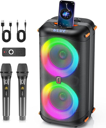 Karaoke Machine with 2 Wireless Microphones, Portable Bluetooth 5.3 Karaoke Speaker for Home Party Outdoors, PA System for Adults with Echo Adjustment/LED Lights, Support TV/USB/AUX/TF