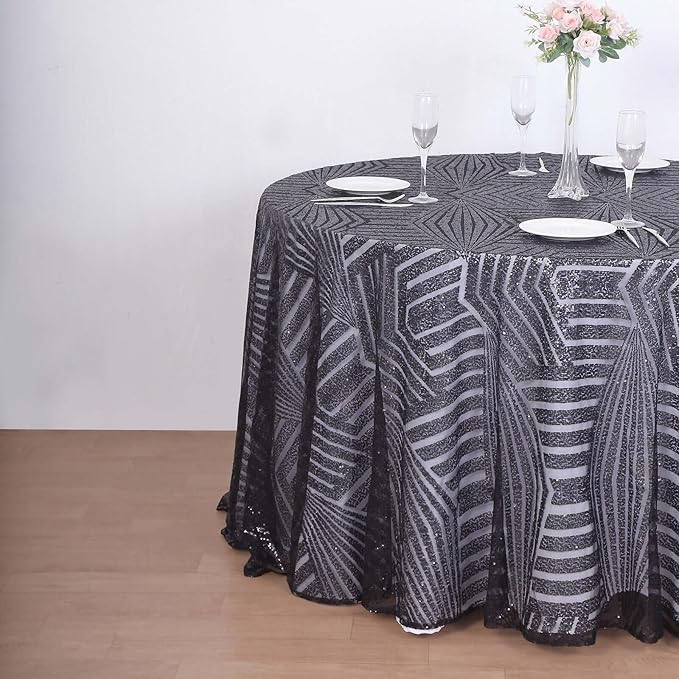 Efavormart 120" Black Sparkly Sequin Geometric Tulle Round Tablecloth