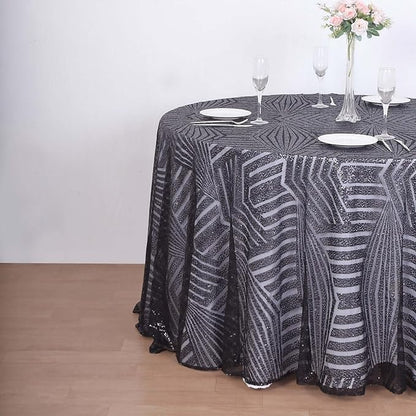Efavormart 120" Black Sparkly Sequin Geometric Tulle Round Tablecloth