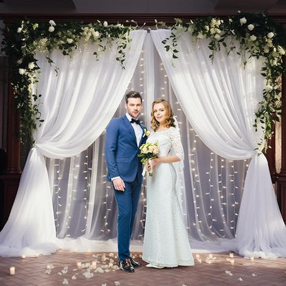 30×10ft White Tulle Backdrop Curtain with Lights String for Parties, Sheer Photo Backdrop Curtains for Wedding Party Photography Background