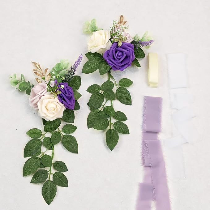 Wedding Aisle Decorations for Wedding Ceremony Set of 10 Pew Flowers for Church Chair Decorations Party Decor with Artificial Flowers Eucalyptus and Ribbons Purple