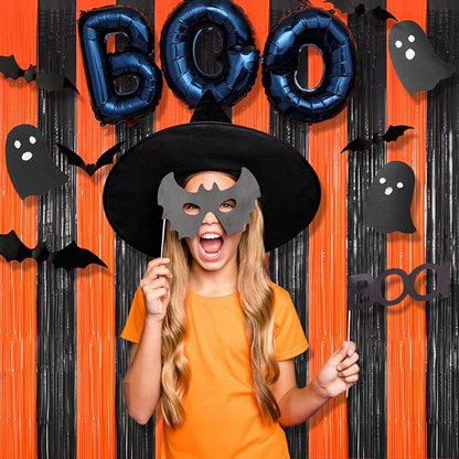 BRAVESHINE Tinsel Photo Backdrop Curtains - 2 Pack 3.2x8.2ft Black Orange Foil Fringe Streamer Curtain for Birthdays, Halloweens, Basketball, Pumpkins, Home, Indoor or Outdoor Party Decorations