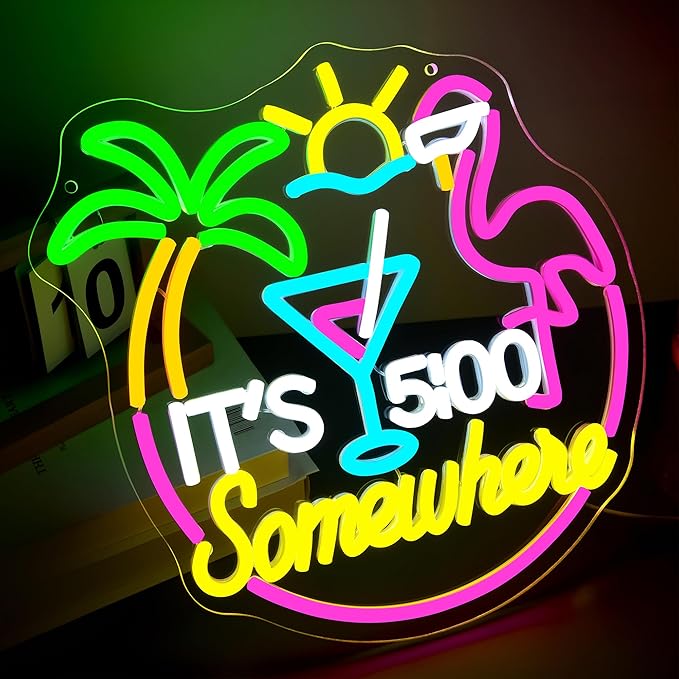Its 5 O'clock Somewhere Neon Sign for Wall Decor Dimmable Led Flamingo Cocktail Neon Light for Man Cave Tiki Bar Home Beer Bar Beach Party Bedroom Christmas Birthday Gift Size 13.1 * 12.9In (WZCP167)