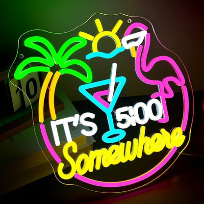 Its 5 O'clock Somewhere Neon Sign for Wall Decor Dimmable Led Flamingo Cocktail Neon Light for Man Cave Tiki Bar Home Beer Bar Beach Party Bedroom Christmas Birthday Gift Size 13.1 * 12.9In (WZCP167)