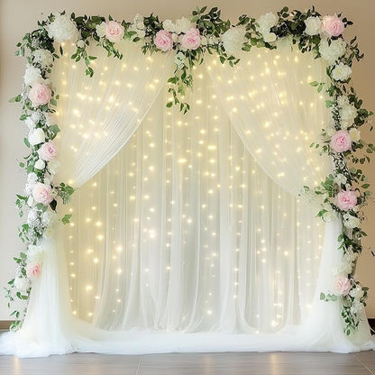 Fomcet Ivory Tulle Backdrop Curtains with Lights String 10FT X 10FT Sheer Curtain with Lights Tulle Curtains Backdrop for Wedding Birthday Party Photo Shoot (2 Panels 5x10FT)