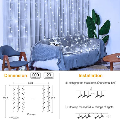 Ollny Curtain Lights 6.6x6.6ft, 200 LED White String Lights with Remote 8 Modes Dimmable Timer, USB Power Fairy Light for Bedroom Backdrop Indoor Wall Window Wedding Decor
