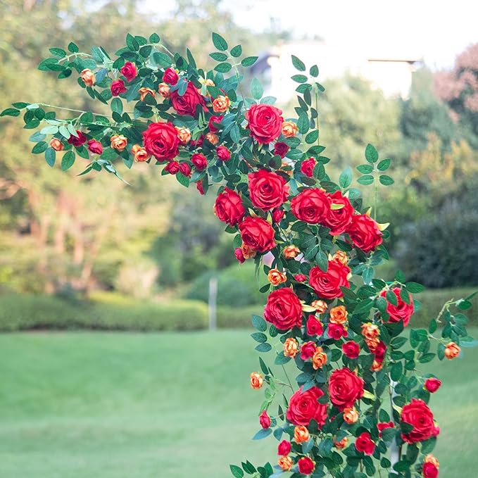 6FT Bendable Flower Garland, Artificial Rose Vine Hanging Floral Garland Decoration for Weding Home Room Wall Decor (Red, 1pcs)