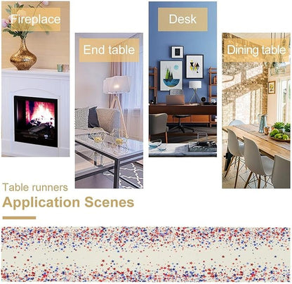 Independence Day Table Runner, 4th of July Red Blue Stars American President Day Holiday Confetti Print Table Cover for Kitchen Dining Table Indoor Outdoor Party, 13x70inch