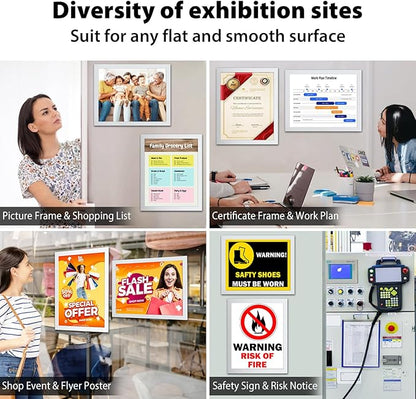 2Packs Magnetic Sign Holder 8.5 x 11 Self Adhesive Display Frames with Strong Magnetic Frame and Clear PVC for Office Store Home Door Window Refrige Magnetic Paper Holder, Silver