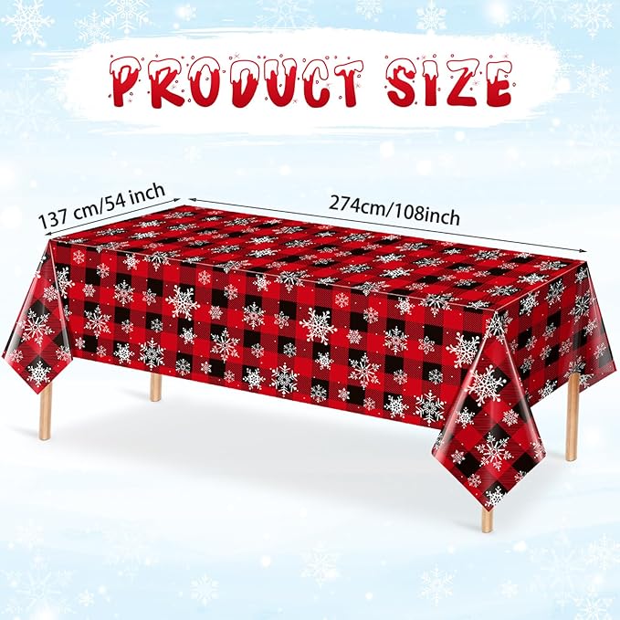 3 Pieces Red and Black Buffalo Plaid Merry Christmas Party Tablecloth Decorations,Plastic White Snowflake Buffalo Plaid Sign Table Cover for Winter Christmas Holiday Party Supplies,54x108 inch