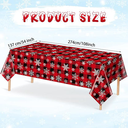 3 Pieces Red and Black Buffalo Plaid Merry Christmas Party Tablecloth Decorations,Plastic White Snowflake Buffalo Plaid Sign Table Cover for Winter Christmas Holiday Party Supplies,54x108 inch