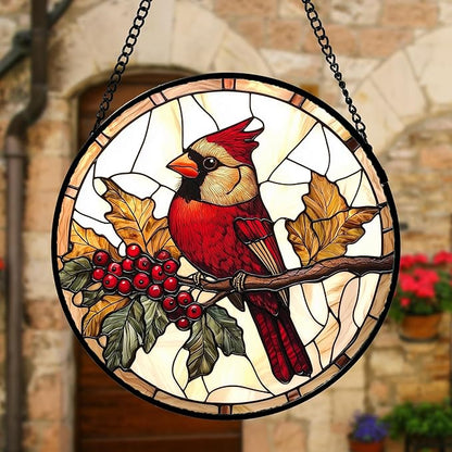 Stained Glass Window Hanging, Birds on a Branch Cardinal Sun Catchers Diamond Glass Panel Hangings Suncatcher Decor for Birthday for Women, Men, Wife, Aunt, and Mom 6.3 in