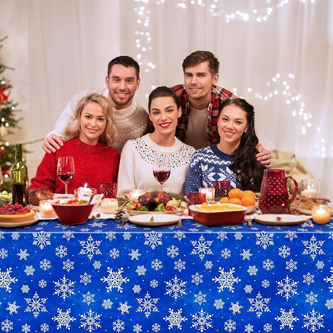 Jectivs 6 Pieces Christmas Snowflake Plastic Party Tablecloth Decorations,White Snowflake Blue Xmas Backdrop Sign Table Cover Banner for Winter Christmas Holiday Party Supplies,54x108 inch (Blue)