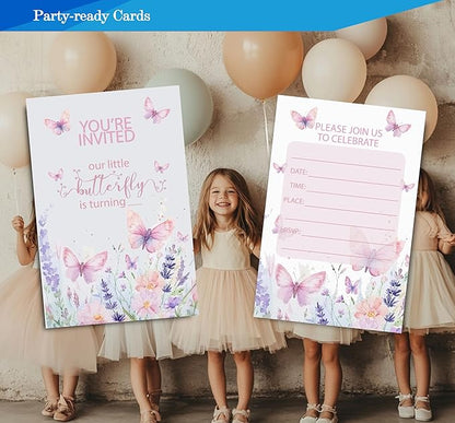 Butterfly First Birthday Invitations for Girls, 1st Floral One Little Butterfly Birthday Party Invitaions for Butterfly Party Invites, 4x6 Inches, 30 Sets with Envelopes