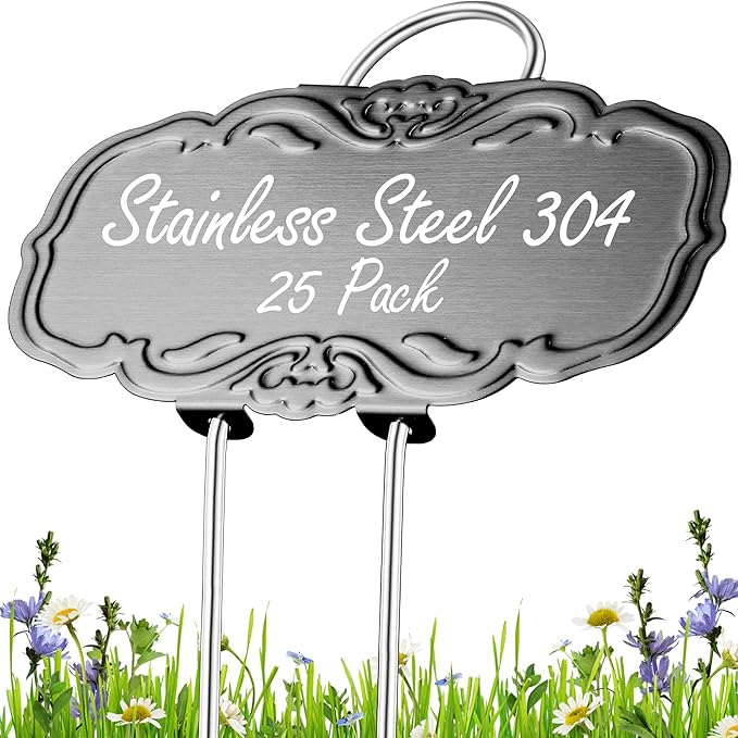Updated Metal Plant Labels for Garden, 25 Pack Stainless Steel DIY Plant Markers Waterproof for Flowers Pots, Vegetables, Seedlings