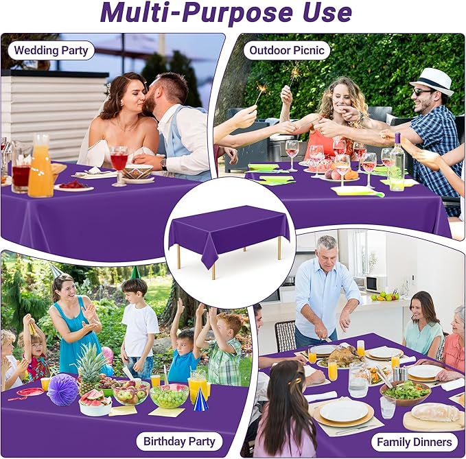 QZYL 4 PCS Plastic Table Cloth, 54" x 108" Purple Picnic Table Cover, for 6 to 8 Foot Tables, Rectangle Tablecloth for Birthday, BBQ, Wedding and Party Decorations, Indoor Outdoor Home Essentials