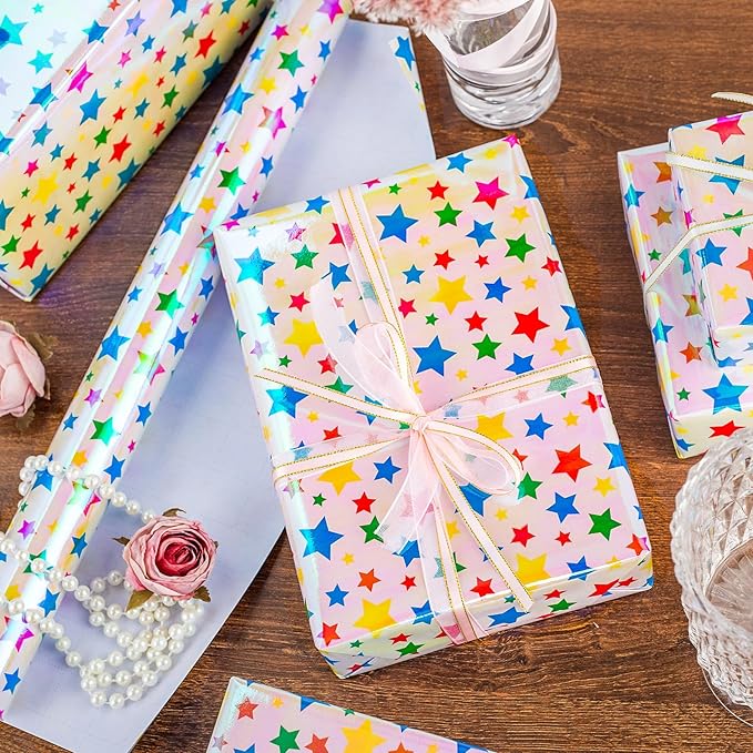 Burymento Holographic Pink Star Gift Wrapping Paper for Birthday, Valentines, Mothers day, Graduation, Wedding, Fathers day, Baby Shower, Christmas (17in x 32.8ft)