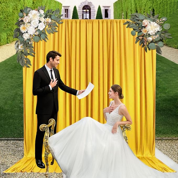 10ft x 10ft Yellow Backdrop Curtains for Parties, Fabric Satin Background Curtain with Rod Pockets for Weddings, Birthday, Baby Shower, Photography, Graduation Party Backdrop Drapes, 2 Panels