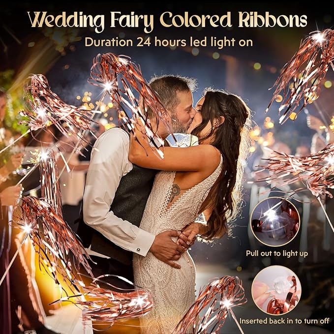 100 pcs Wedding Wands Light up with LED Tinsel Wedding Streamers for Wedding Send off and Greeting Ideal Props for Weddings, Birthday Parties, Christmas Cheerleading Games (Rose Gold)