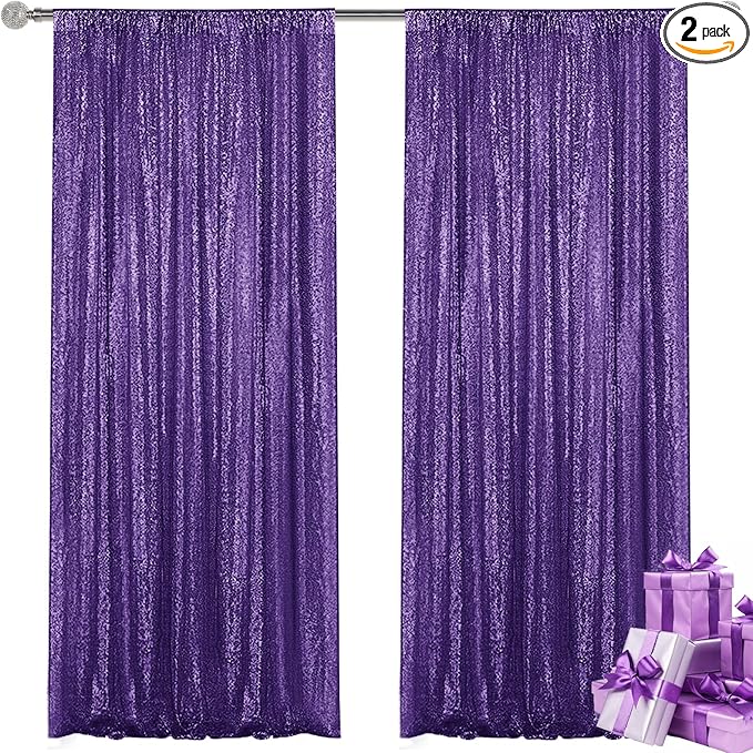 Purple Sequin Backdrop Curtain 2 Pieces 2FTx8FT Glitter Photography Backdrop for Party Wedding Birthday Christmas Decorations