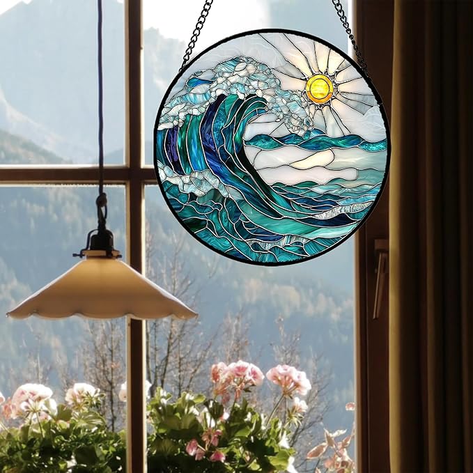 Stained Glass Window Hanging - Blue Green Waves Suncatcher for Door Terrace Garden Home Decor Sunrise Over The Sea Sun Catcher Birthday Gifts for Lovers Women Men Dad Mom Nana 11.8 in