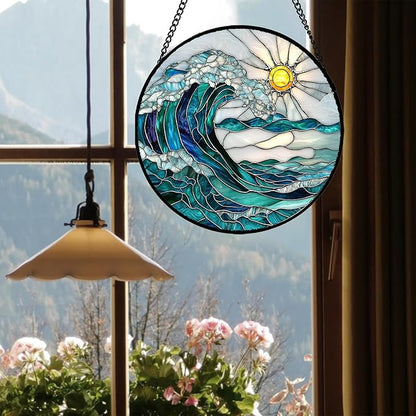 Stained Glass Window Hanging - Blue Green Waves Suncatcher for Door Terrace Garden Home Decor Sunrise Over The Sea Sun Catcher Birthday Gifts for Lovers Women Men Dad Mom Nana 15 in