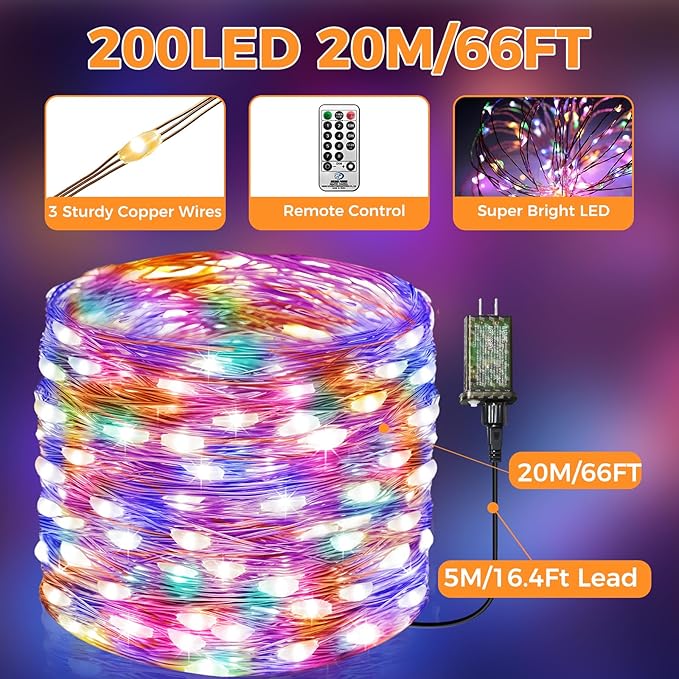 btfarm Fairy Lights Plug in with Remote, 66FT 200 LED Outdoor Twinkle Lights Waterproof with Timer, 8 Modes Indoor String Lights for Bedroom Patio Garden Wedding Christmas Decoration, Multicolor