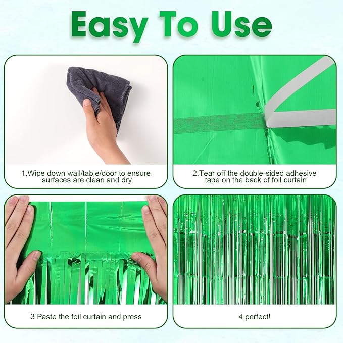 4 Pack Green Foil Fringe Backdrop Curtains, Tinsel Streamers Birthday Party Decorations, Fringe Backdrop for Graduation, Baby Shower, Gender Reveal, Disco Party