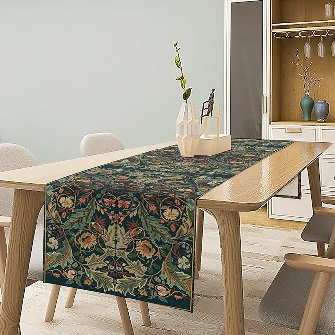 Green Morris Floral Table Runner, Boho Rustic Country Farmhouse Teal Red Rose Pattern for Home Kitchen Table Decor Dining Coffee Room Party Decor 13x72in