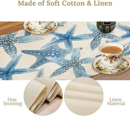 Starfish Plaid Table Flag Green Plaid and Marine Life Starfish Kitchen Table Flag Suitable for Birthday Party Restaurant Decoration Outdoor Picnic 13 * 108 Inch