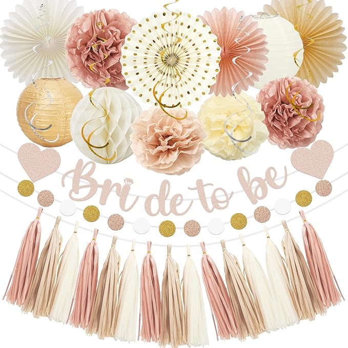 Whaline 22Pcs Boho Champagne Gold Pink Bachelorette Party Decoration Bride to Be Banner Hanging Lanterns Paper Fans Pom Poms Tassel Garlands for Wedding Bridal Shower Backdrop