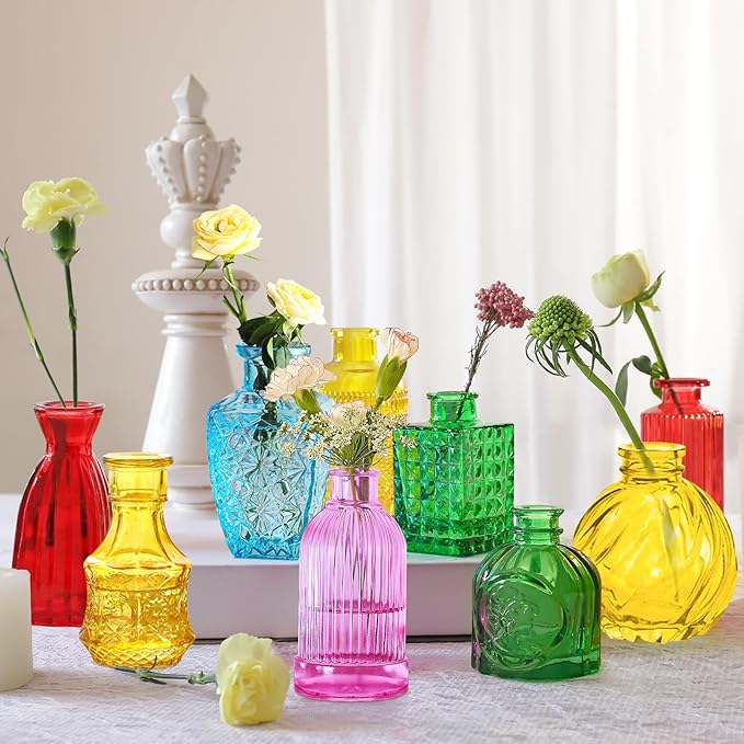 Colored Glass Bud Vases Set of 24, Vintage Small Vases for Flowers, Crystal Mini Glasses in Bulk, Small Flower Design for Centerpieces Wedding Decorations Home Flower Party Decor