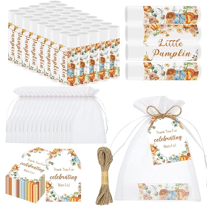 50 PCS Baby Shower Lip Balms for Guests, Boys Girls Neutral Gender Reveal Baby Shower Party Favors with Thank You Card Tags Thanksgiving Decorations Pumpkin Flower