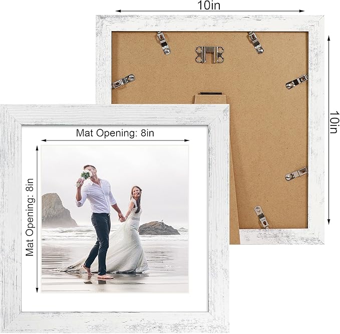 10x10 Picture Frame Set of 4 with Real Glass, Distressed White Frame Display 8x8 Pictures with Mat or 10 x 10 Without Mat, Wood Square Photo Frame for Wall Mount and Tabletop Display