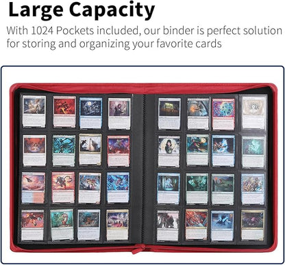 Snekdy premium 1024-pocket trading card binder, Card Albums 16 pockets, waterproof PU-leather Cover album with side loading, holds gaming, baseball (Red)