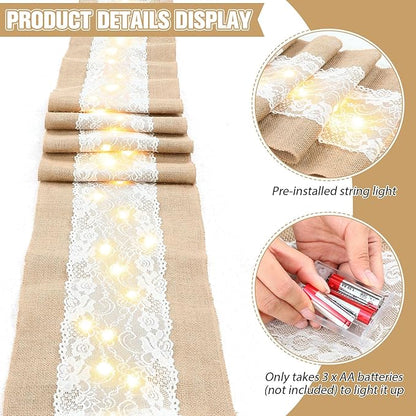 Xinnun 6 Pcs Burlap Table Runner with Lights 12 x 108 Inches Burlap Lace Table Runner Rustic Wedding Decorations Home Party (Flower)