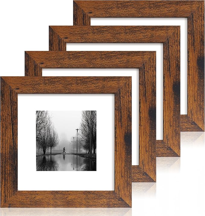 6x6 Picture Frame Set of 4 with Real Glass, Rustic Frames Display 4x4 Picture with Mat or 6 x 6 Without Mat, Square Photo Frame for Wall Mount and Tabletop Display