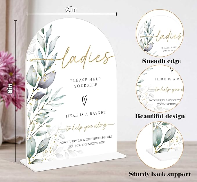 Acrylic Wedding Signs, Greenery Theme Ladies Please Help Yourself Sign, Bridal Shower Table Decor with Stand, Wedding Bathroom Basket Supplies for Engagement, Anniversary, Newlywed Event and Party, 07