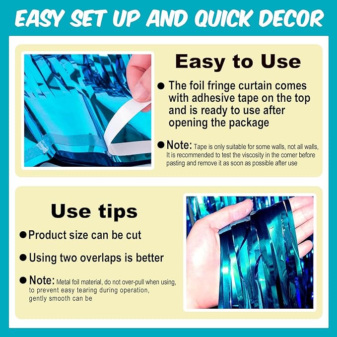 6 Pack Lake Blue Foil Fringe Curtains Backdrop, 3.28 x 8.2 Ft Metallic Streamers Tinsel Curtains Background for Photo Booth, Birthday, Weddings, Carnivals, Graduation, Themed Party Decorations