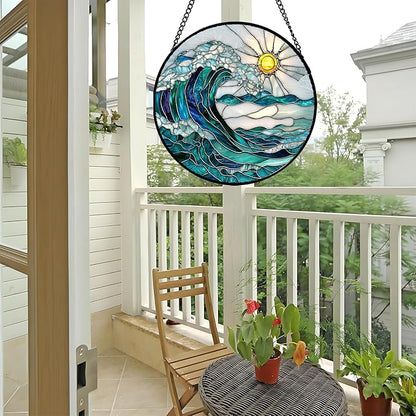 Stained Glass Window Hanging - Blue Green Waves Suncatcher for Door Terrace Garden Home Decor Sunrise Over The Sea Sun Catcher Birthday Gifts for Lovers Women Men Dad Mom Nana 11.8 in