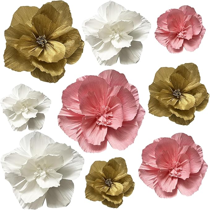 BRT Bearingshui Crepe Paper Flowers Decoration for Wall Total 9 Pcs, Artificial Flowers Backdrop for Wedding Decor Baby Bridal Shower Birthday Party, Pink White Gold 3D Wall Flowers Decor