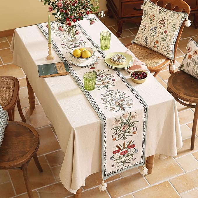 ISAENNE Designer French Country Linen Table Runner 102 Inches Long,Elegant Colorful Floral Pattern Table Runners for Dining Tables,Thanksgiving,Christmas,Kitchen Decor,12"*102"-Serenity F