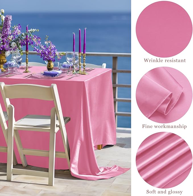 TURSTIN 8 Packs Pink Satin Tablecloth 102 x 58 Inch Overlay Satin Table Cover Rectangle Bright Silk Tablecloth Smooth Fabric Table Decoration for Wedding Banquet Party Events