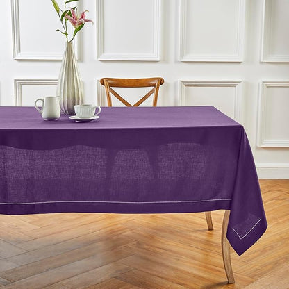 Solino Home Linen Tablecloth for Rectangle Tables 60 x 132 Inch - Classic Hemstitch 100% Pure Linen Purple Table Cloth - Machine Washable Cloth Tablecloth for Fall, Autumn, Halloween, Thanksgiving