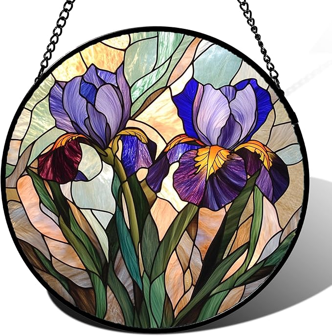Stained Glass Window Hanging, Purple Blue Iris Birth Flower Suncatcher for Doors Garden Yard Sun Catchers Decor Christmas Mother's Day Birthday Gifts for Teacher Women Mom Nana Wife 9.8 in