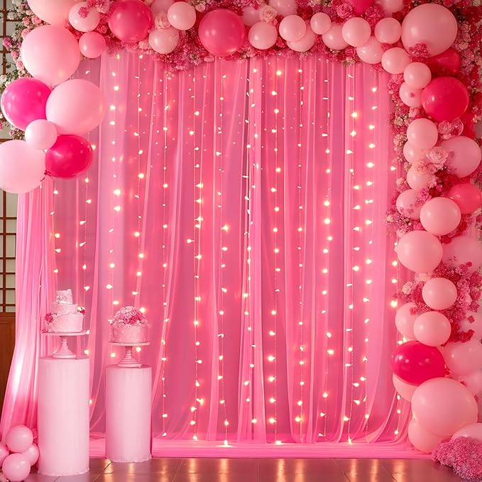 Hot Pink Tulle Backdrop Curtain with Lights for Parties 10x10ft Fuchsia Sheer Backdrop Curtains for Weddings Birthday Baby Shower Photo Shoot Background Decorations