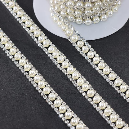 Jerler Rhinestone Trim Applique 2 Yards 2 Rows Crystal Chain Banding Diamond Inlaid White Pearl Beaded Rhinestones for Crafts Clothing and Bridal Embellishments Wedding Ideas Christmas Decorations