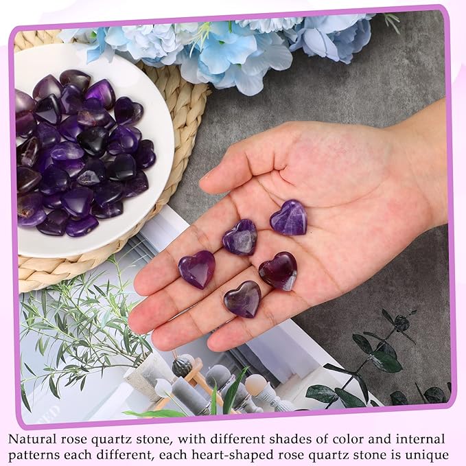 Gerrii 50 Pcs Heart Healing Stone Bulk Quartz Heart Inspirational Stones Gift for Women Love Pocket Polished Natural Energy Balancing Meditation 0.8 Inch(Purple)