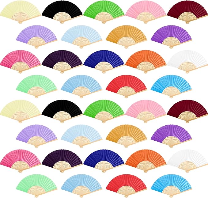 URATOT 36 Pieces Multicolor Folding Fans Silk Bamboo Folding Fans Handheld Fan for Wedding, Party Decoration